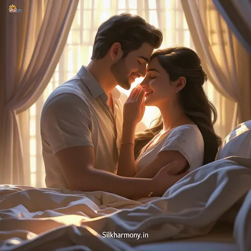 A married couple sharing a quiet, intimate moment in soft morning light