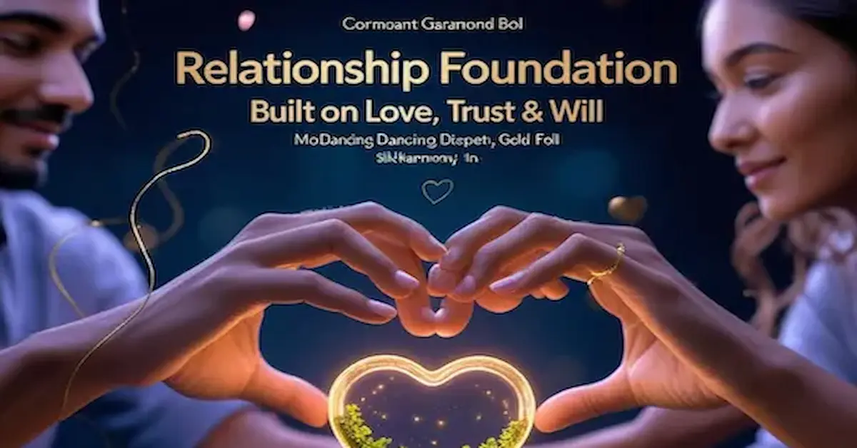 Hands forming a heart around a glowing heart with a green landscape, symbolizing a strong relationship foundation