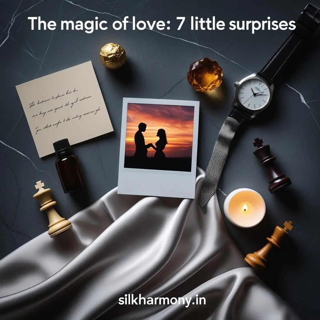 Certainly, here are the Alt Text, Caption, and Description for your image in English: 1. Alt Text A graphic showing a polaroid photo of a couple, along with a watch, chess pieces, a candle, and other items