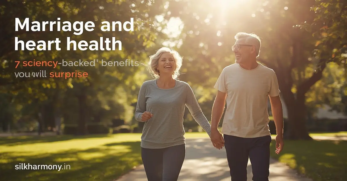 "An older, happy couple holding hands and smiling while walking outdoors on a sunny day. Text overlay reads 'Marriage and heart health: 7 sciency-backed benefits you will surprise' and 'silkhamony.in'."
