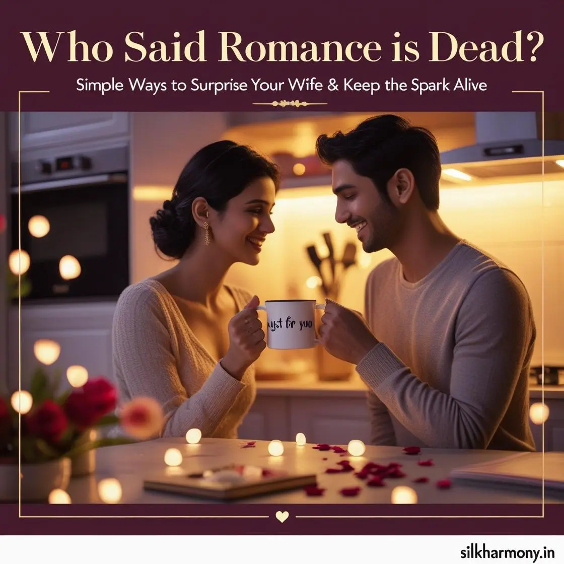 man and woman smiling at each other in a cozy kitchen, holding a mug together. The scene is decorated with string lights and rose petals