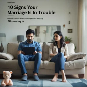 A desaturated image depicts a man engrossed in a tablet and a woman looking away with a thoughtful expression, seated at opposite ends of a light beige sofa in a brightly lit living room. A blurry teddy bear sits on the floor in the foreground